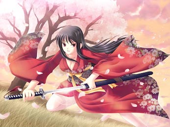 Девушка самурай в цветущем саду с сакурой