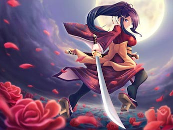 Девушка самурай в саду из роз идет к полной луне