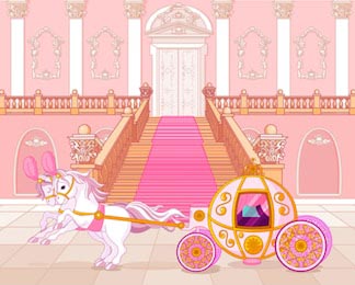 Сказочная карета с лошадями на фоне розового замка