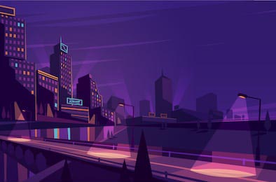 Ночной городской пейзаж в фиолетовых тонах