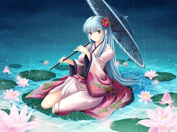Девушка анимэ с синими волосами в реке с лотосами 