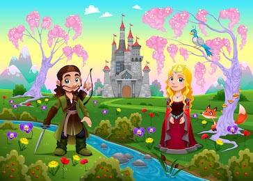 Средневековый рыцарь и принцесса возле ручейка