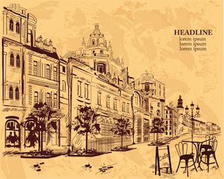 Иллюстрация с видом на старый город и уличные кафе