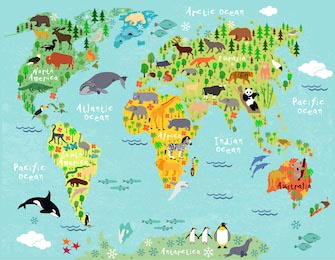 Карта мира для детей векторная с животными