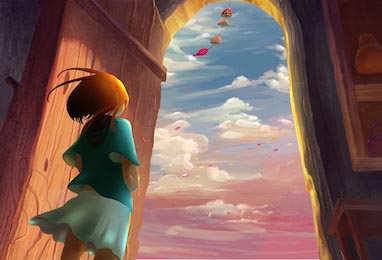 Девочка смотрящая на улетающие шары в сказочном небе