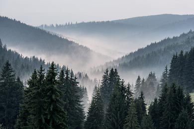 Вид из гор на долину, покрытой туманными облаками