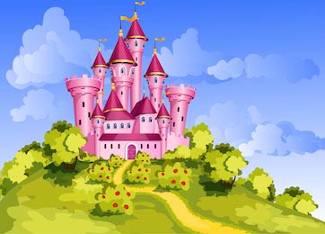 Сказочный розовый замок принцессы на зеленом холме