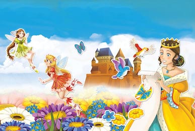 Мультяшная сцена с принцессой и феями - иллюстрация