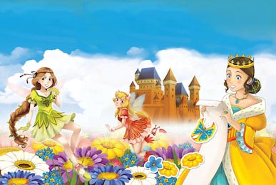 Принцесса и феи в цветочном поле возле замка