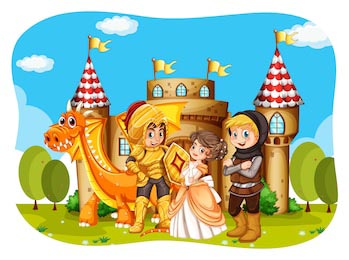 Принцесса и рыцари с дракошей перед замком