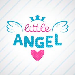 Надпись Маленький ангел с крылышками на фоне синего