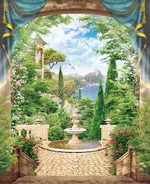 Терраса с фонтаном и видом на прекрасный сад и горы