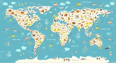 Карта мира с животными, иллюстрация для детей