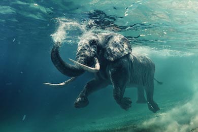 Африканский слон под водой в океане с бликами солнца