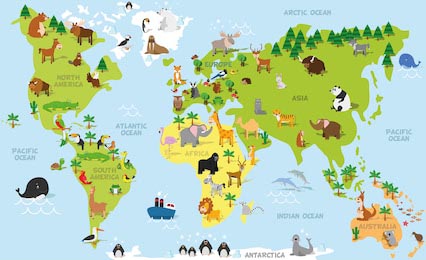 Забавная мультяшная карта мира с животными континент