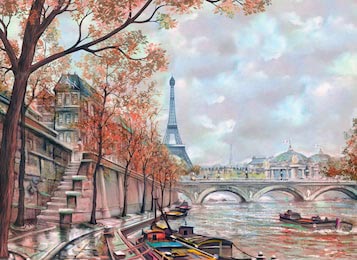 Иллюстрация с видом на реку и Эйфелеву башню