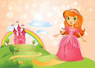 Рыжая принцесса на полянке возле розового замка