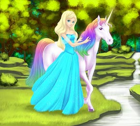 Белокурая принцесса с единорогом возле берега реки