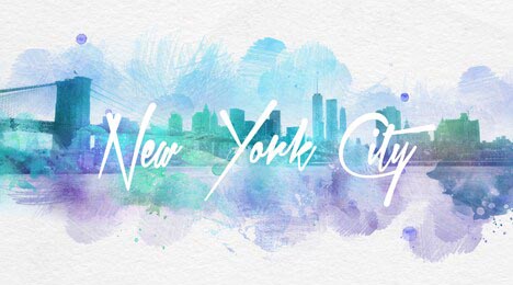 Панорама Нью-Йорка акварелью с расписным шрифтом