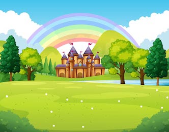 Замок в далеком королевстве на фоне леса и радуги