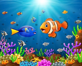 Иллюстрация подводного мира с косяками рыб и рифами