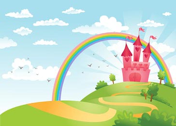 Дорожка ведущая по полям к розовому замку и радуге