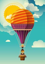 Красочный воздушны шар с мужчиной летящие у солнца 