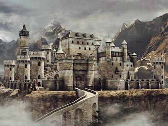 Иллюстрация каменного замка на фоне гор