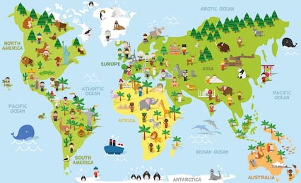 Забавная мультяшная карта мира с детьми, животными