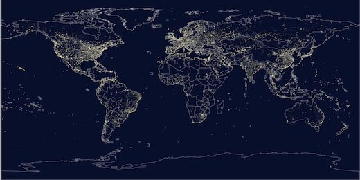 Огни городов Земли на политической карте мира