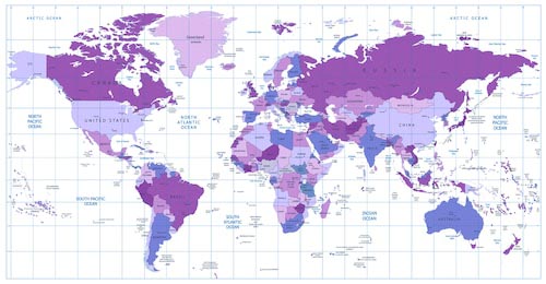 Подробная векторная карта мира в фиолетовых тонах