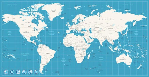 Карта мира темно-синих цветов и шарами внизу
