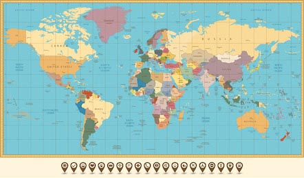 Цветная политическая карта мира в стиле ретро