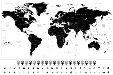 Черная карта мира и коллекция указателей