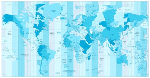 Карта мира синего цвета с часовыми поясами