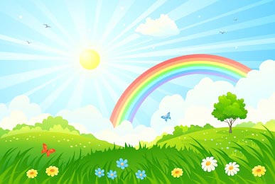 Мультяшный летний пейзаж с солнцем и радугой