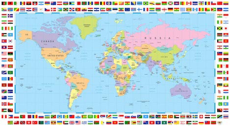 Цветная карта мира и флаги с каждой стороны