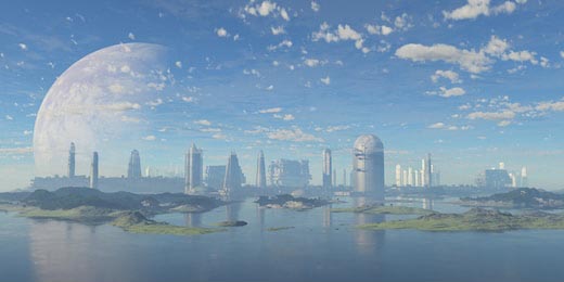Футуристический 3D-город на фоне планеты