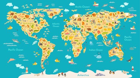 Карта мира для малышей и детей с животными и океаном