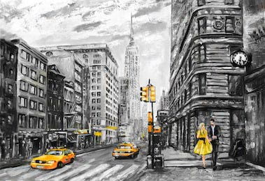 Вид на Нью-Йорк с идущей парой и желтыми такси