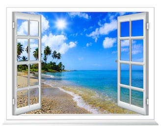 Тропический остров и песчаный пляж вид из окна 