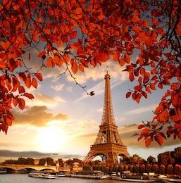 Эйфелева башня с красными осенними листьями в Париже