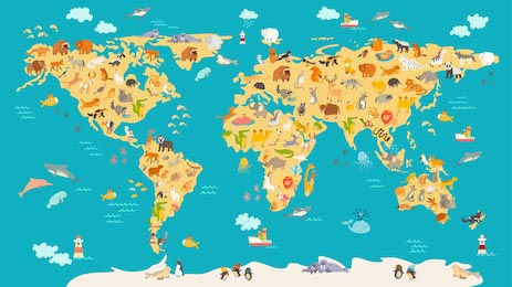 Карта мира для детей и малышей с разными животными