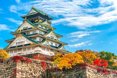 Замок Осаки в Японии с осенними листьями