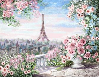 Картина маслом, вид с балкона на пейзаж Парижа