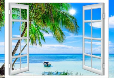 Открытые белые окна с видом на райский белый пляж