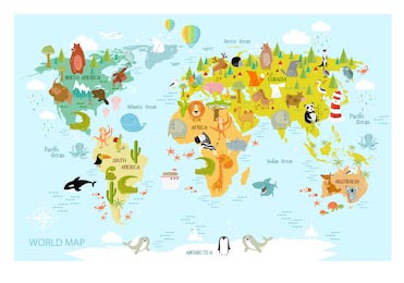 Векторная карта мира с животными для детей