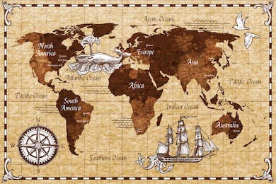 Отрисованная вручную ретро карта мира с надписями