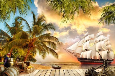 Пиратский корабль возле пристани с сокровищами