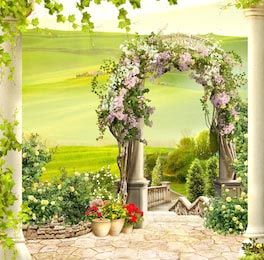 Белая лестница с аркой с плетущимися цветами 